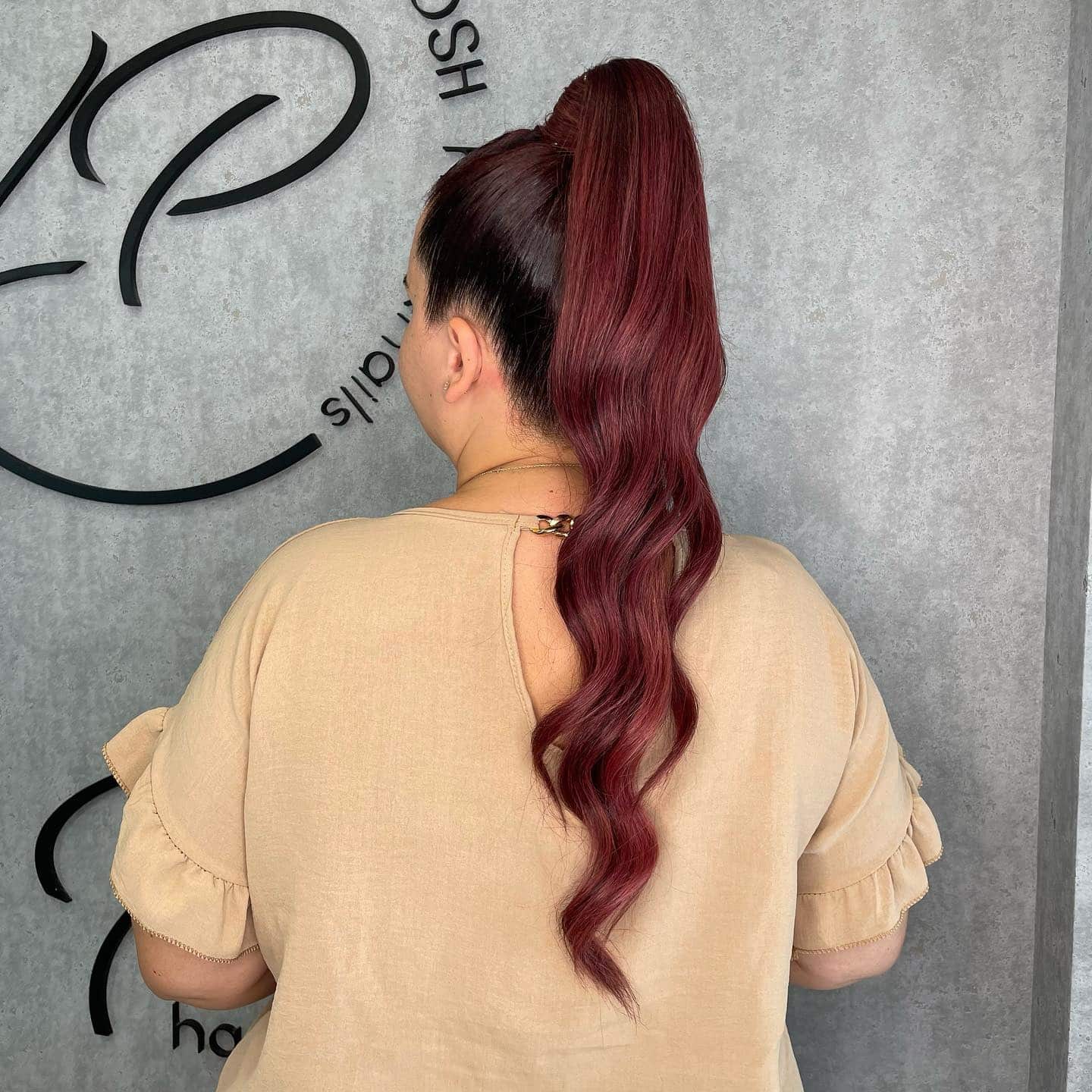 12. High Ponytail with Deep Burgundy Red Lengths - Ponytail Hairstyles