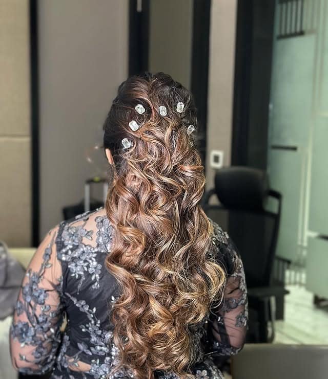 13. Half-Up Curly Ponytail with Caramel Highlighted Brunette - Ponytail Hairstyles