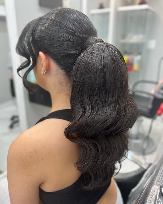 15. Soft Glam Ponytail with Dark Chocolate Brown Waves - Ponytail Hairstyles