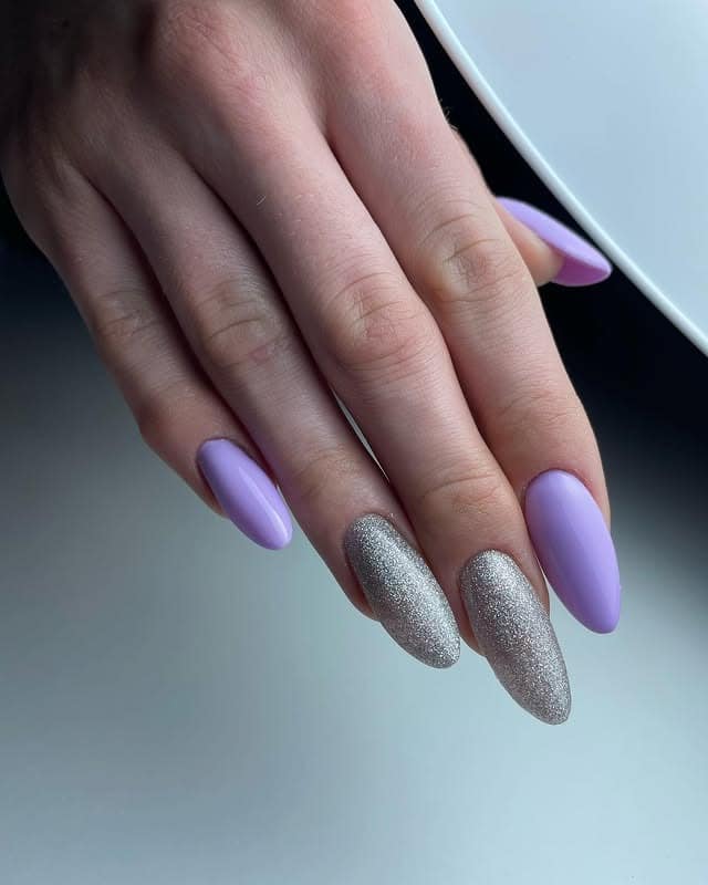1. Lavender Almond Nails with Silver Glitter Accent - purple and silver nail ideas