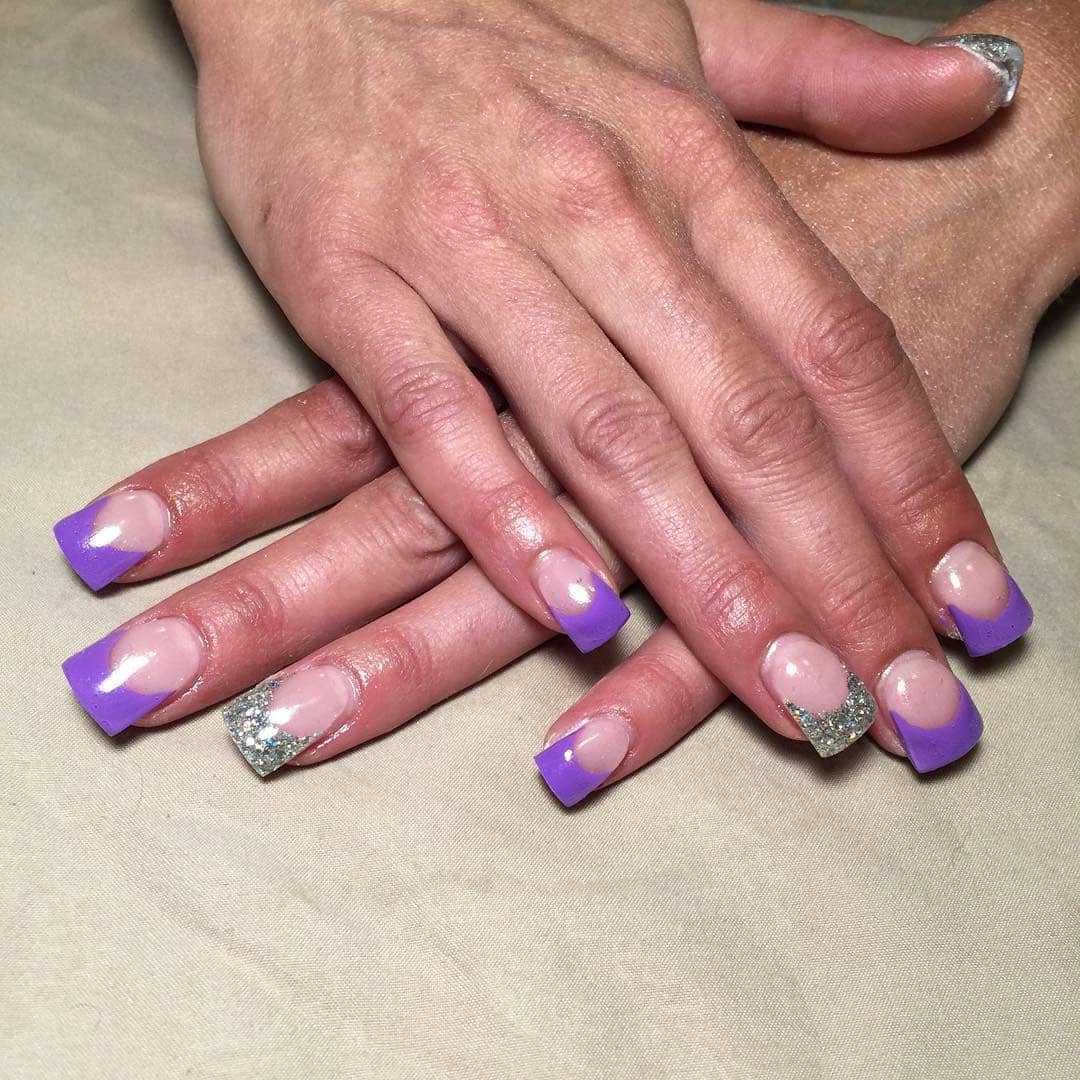 3. Purple French Tip Nails with Silver Glitter Accent - purple and silver nail ideas