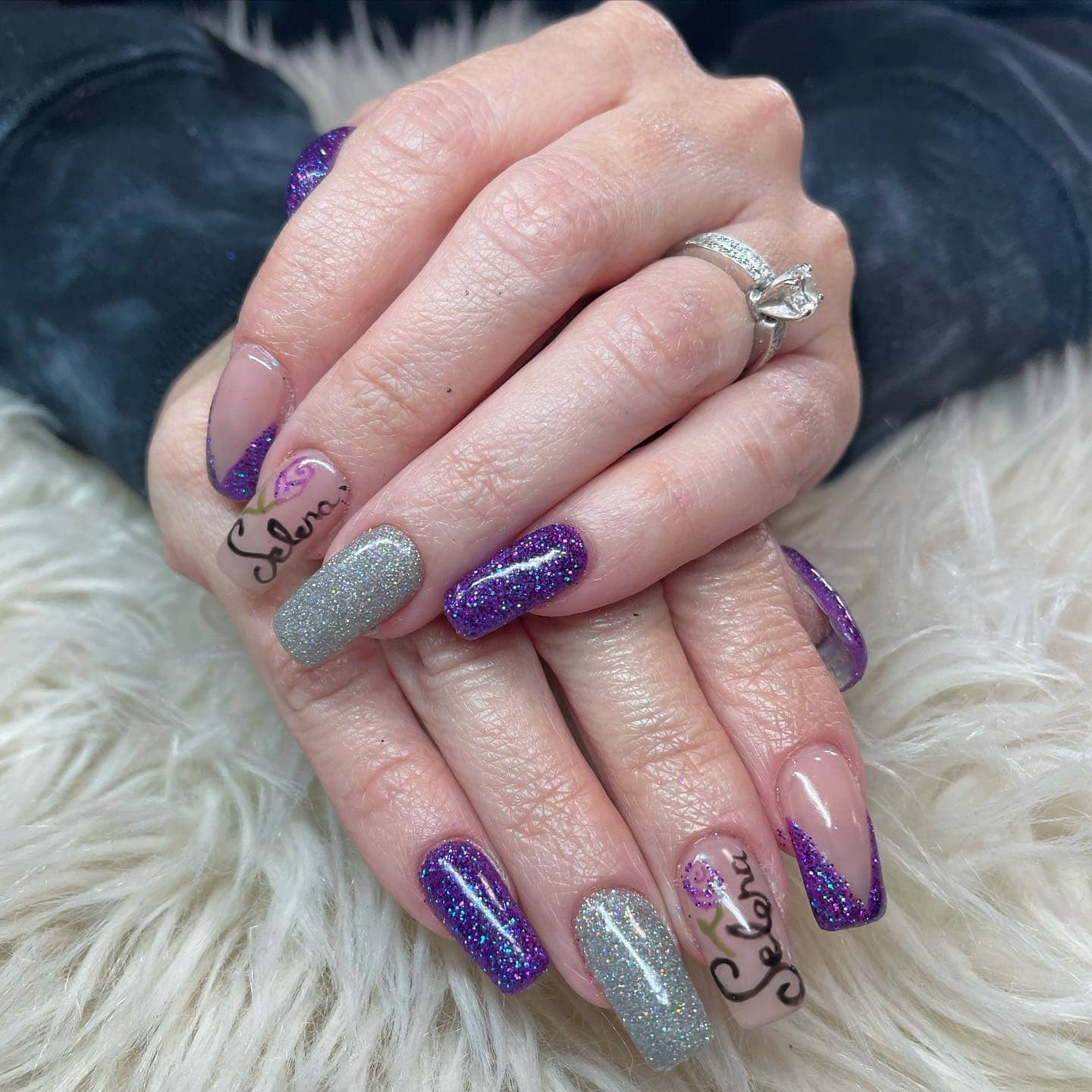 7. Purple Glitter Coffin Nails with Silver Sparkle Accent - purple and silver nail ideas