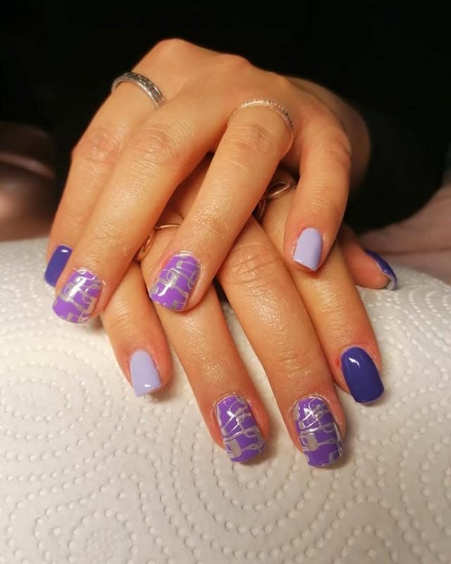 9. Purple Plaid Nails with Silver Lines - purple and silver nail ideas