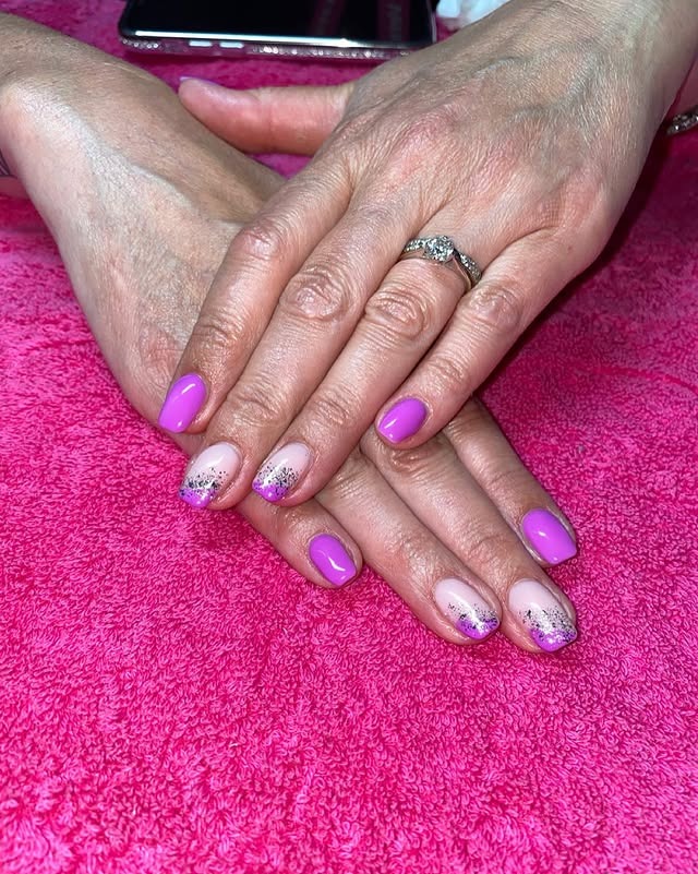 10. Bright Purple Glitter Fade Nails with Silver Sparkle - purple and silver nail ideas