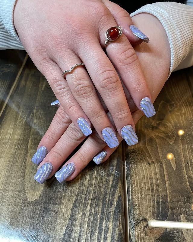 11. Periwinkle Square Nails with Silver Wave Lines - purple and silver nail ideas