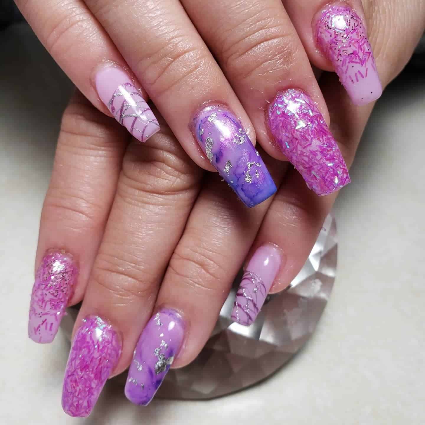 12. Pink and Purple Marble Coffin Nails with Silver Foil - purple and silver nail ideas