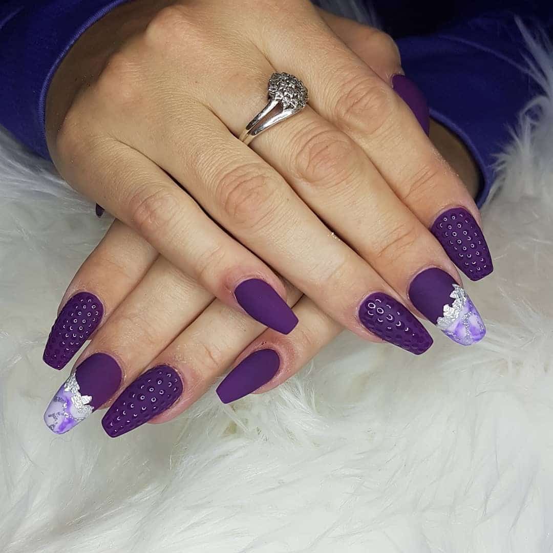 13. Matte Deep Purple Coffin Nails with Silver Foil Accent - purple and silver nail ideas