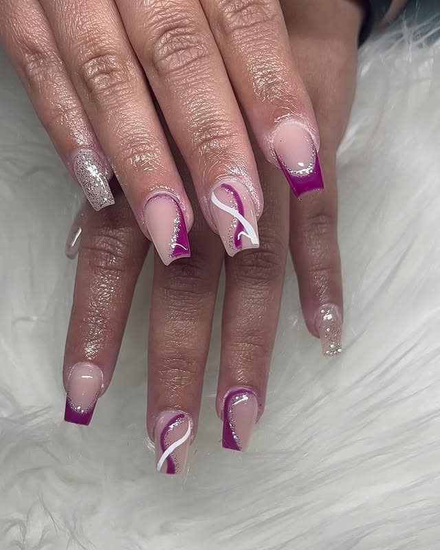 17. Purple French Tip Square Nails with Silver Glitter - purple and silver nail ideas