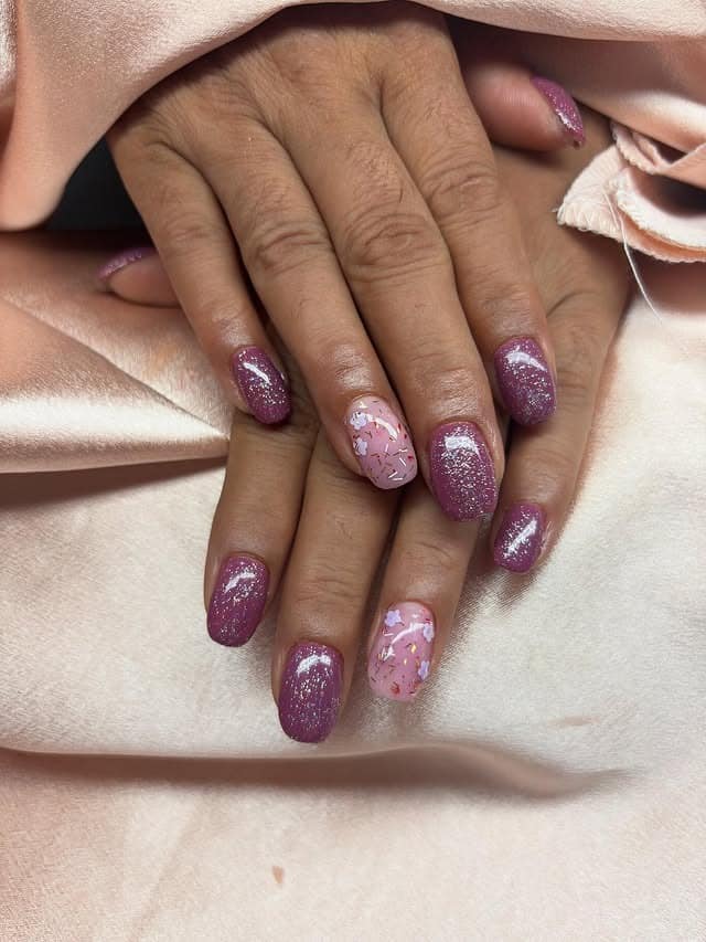 19. Mauve Glitter Nails with Pink and Silver Confetti Accent - purple and silver nail ideas