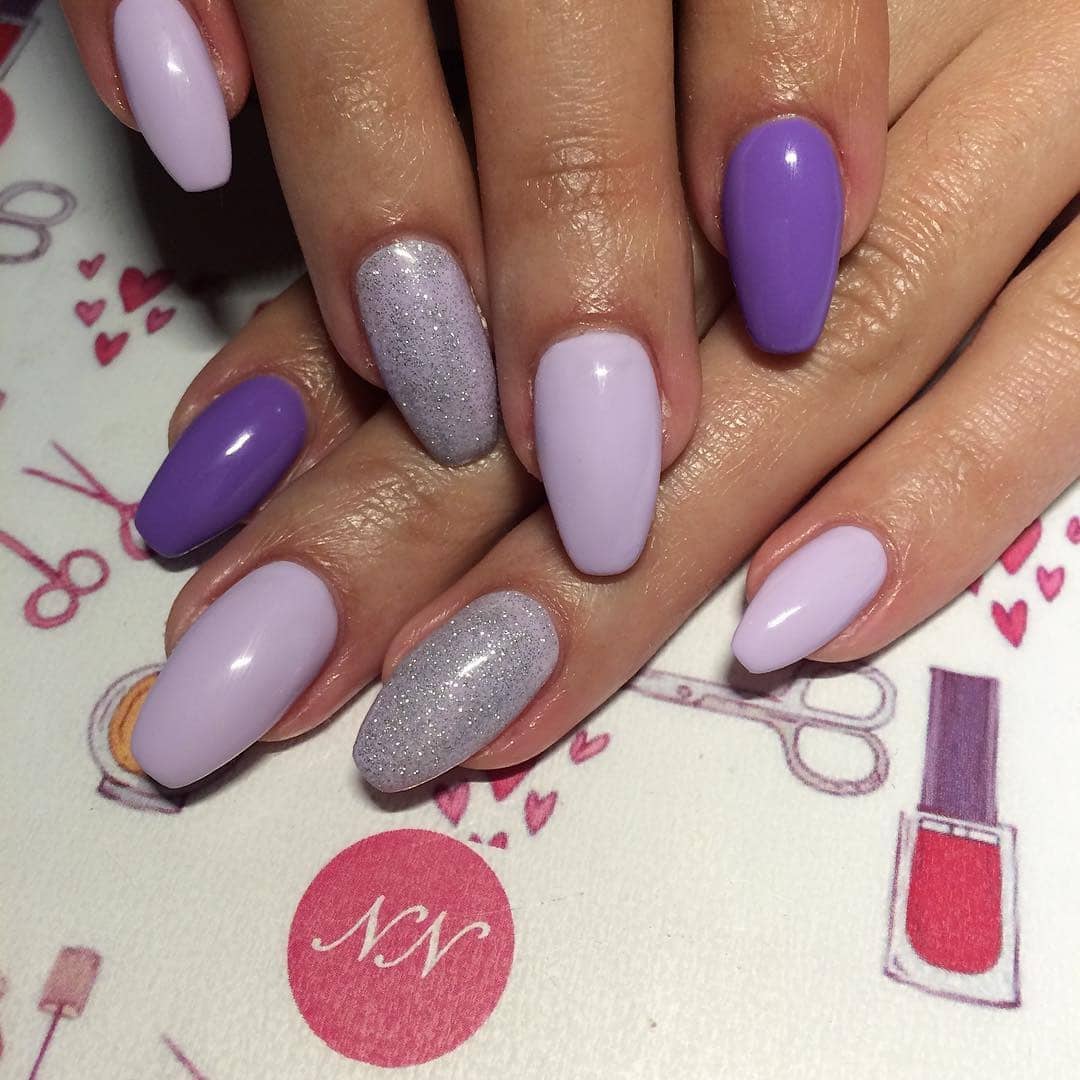21. Lavender and Violet Almond Nails with Silver Glitter Accent - purple and silver nail ideas