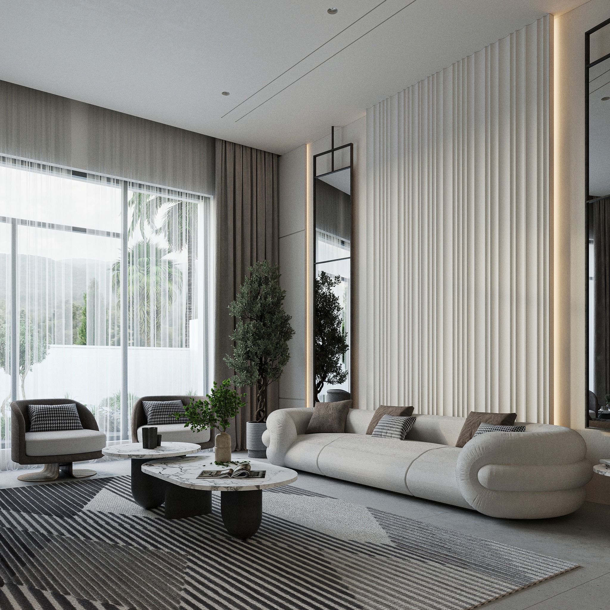 2. Contemporary Light Gray Living Room with Sculptural Furniture - light gray living room ideas