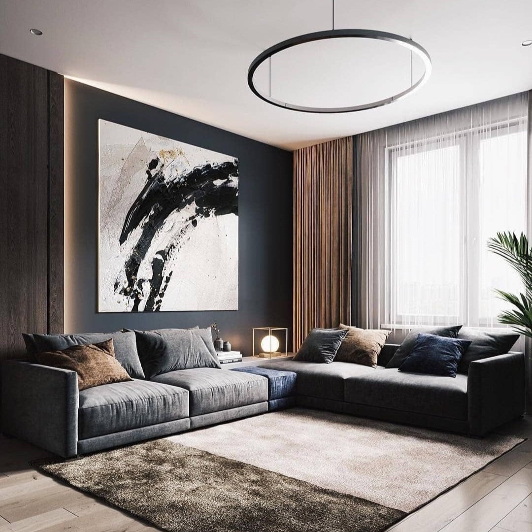 4. Modern Light Gray Living Room with Bold Wall Art - light gray living room ideas