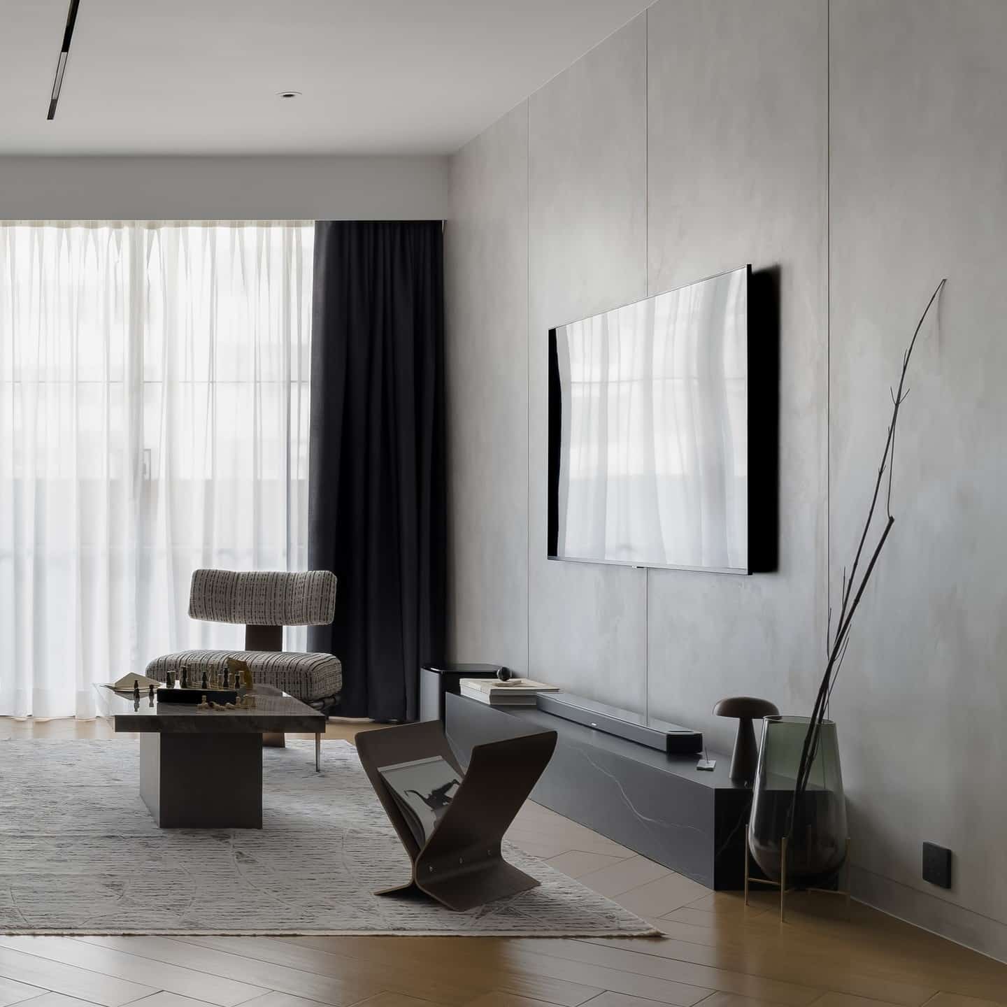 10. Light Gray Living Room with Modern Media Wall - light gray living room ideas