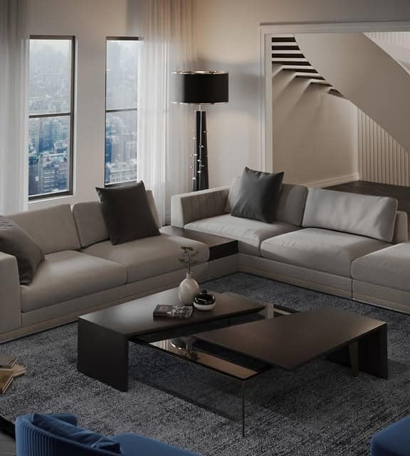 13. Sophisticated Light Gray Living Room with Black Accents - light gray living room ideas