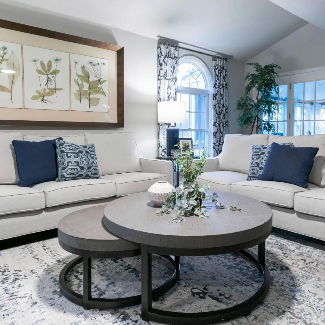 14. Traditional Light Gray Living Room with Blue Accents - light gray living room ideas