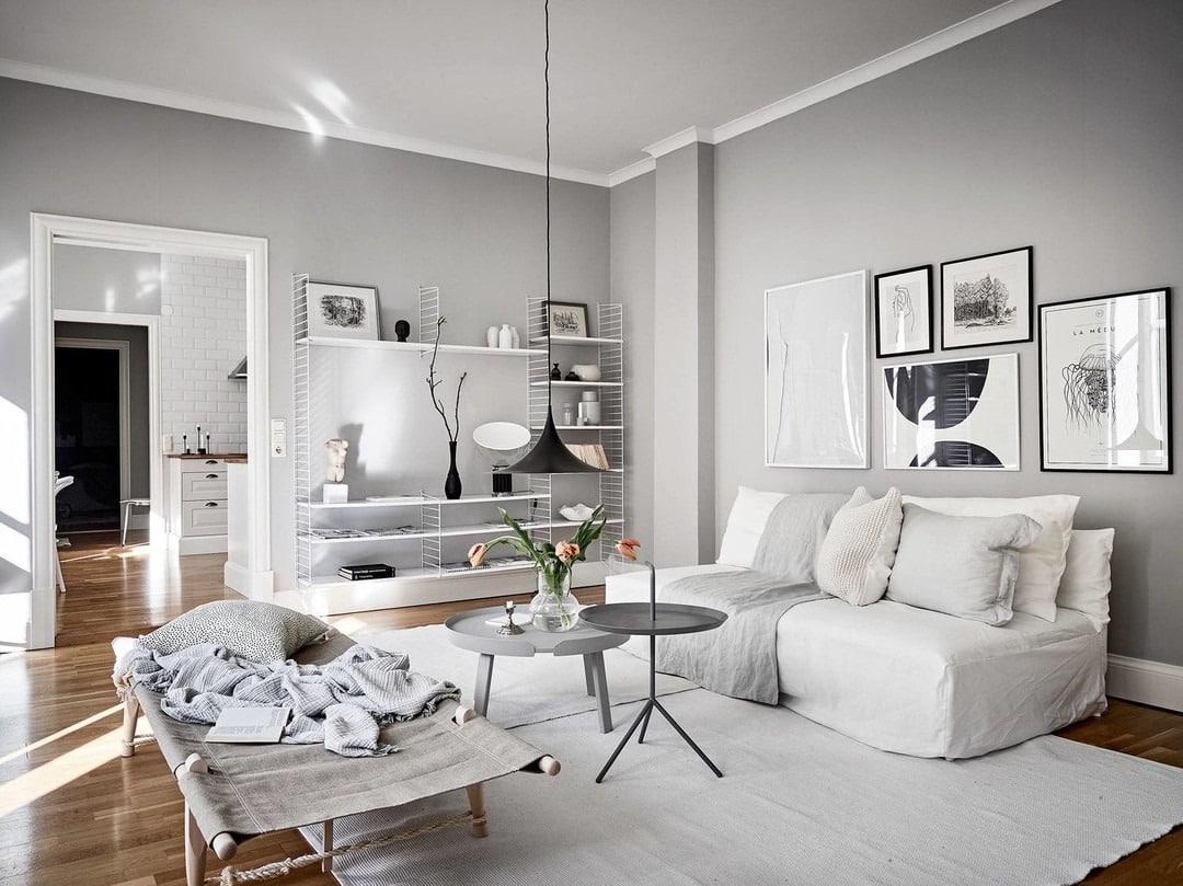 22. Scandinavian Light Gray Living Room with Minimalist Decor - light gray living room ideas