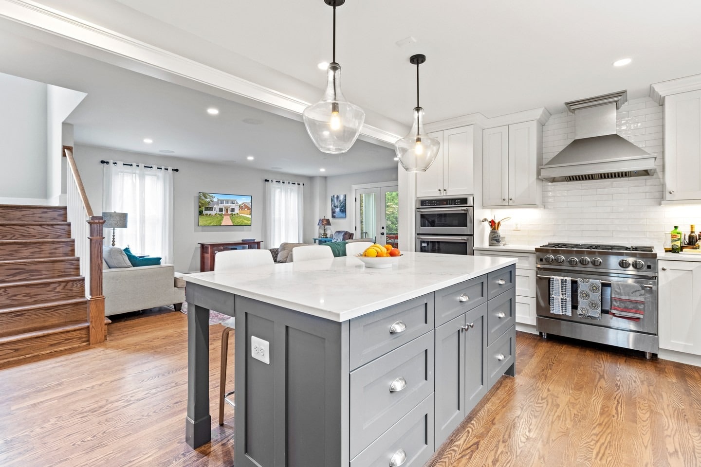 1. Grey Island with White Cabinets Kitchen Design - grey and white kitchen ideas