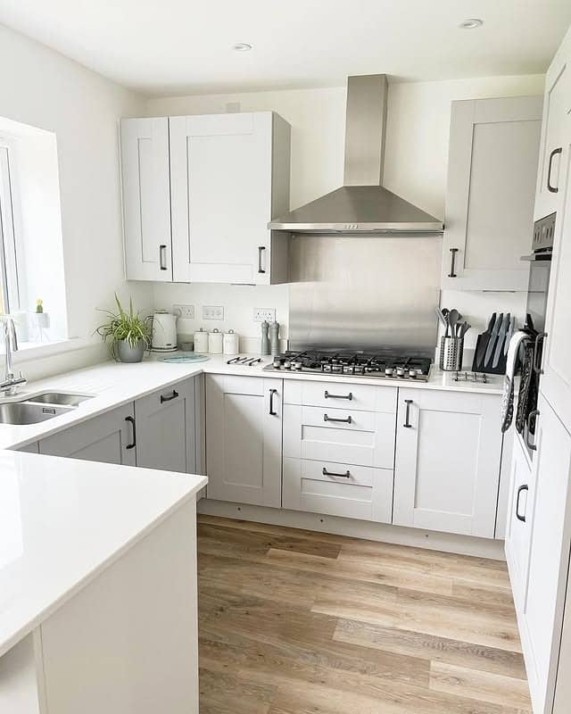 5. Bright White and Light Grey Corner Kitchen - grey and white kitchen ideas