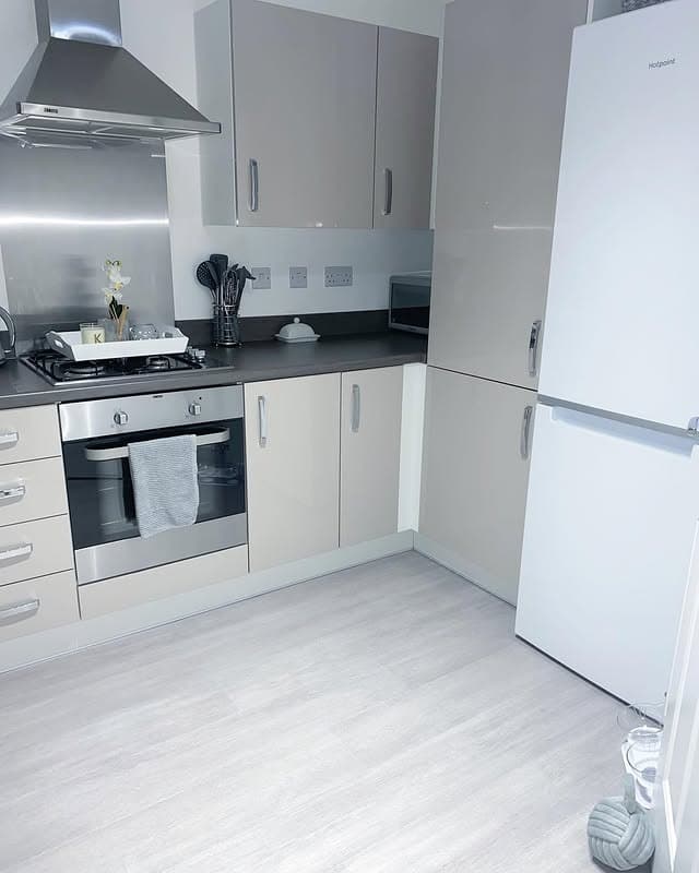 7. Compact Grey and White Modern Kitchen Layout - grey and white kitchen ideas
