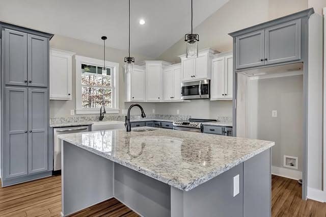 8. Two-Tone Grey and White Island Kitchen - grey and white kitchen ideas