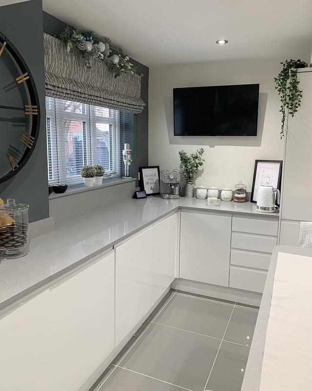 11. Glossy White Cabinets with Soft Grey Countertop Kitchen - grey and white kitchen ideas