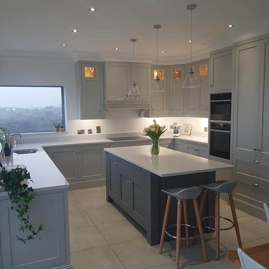 16. Elegant Grey Island and White Cabinet Kitchen Concept - grey and white kitchen ideas