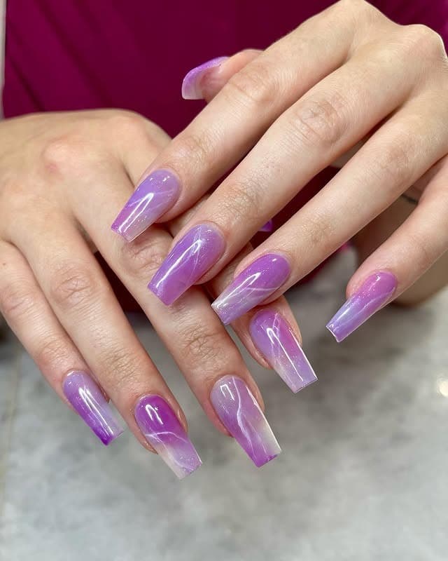 1. Sheer Lavender Marble Coffin Nails - purple coffin nail ideas