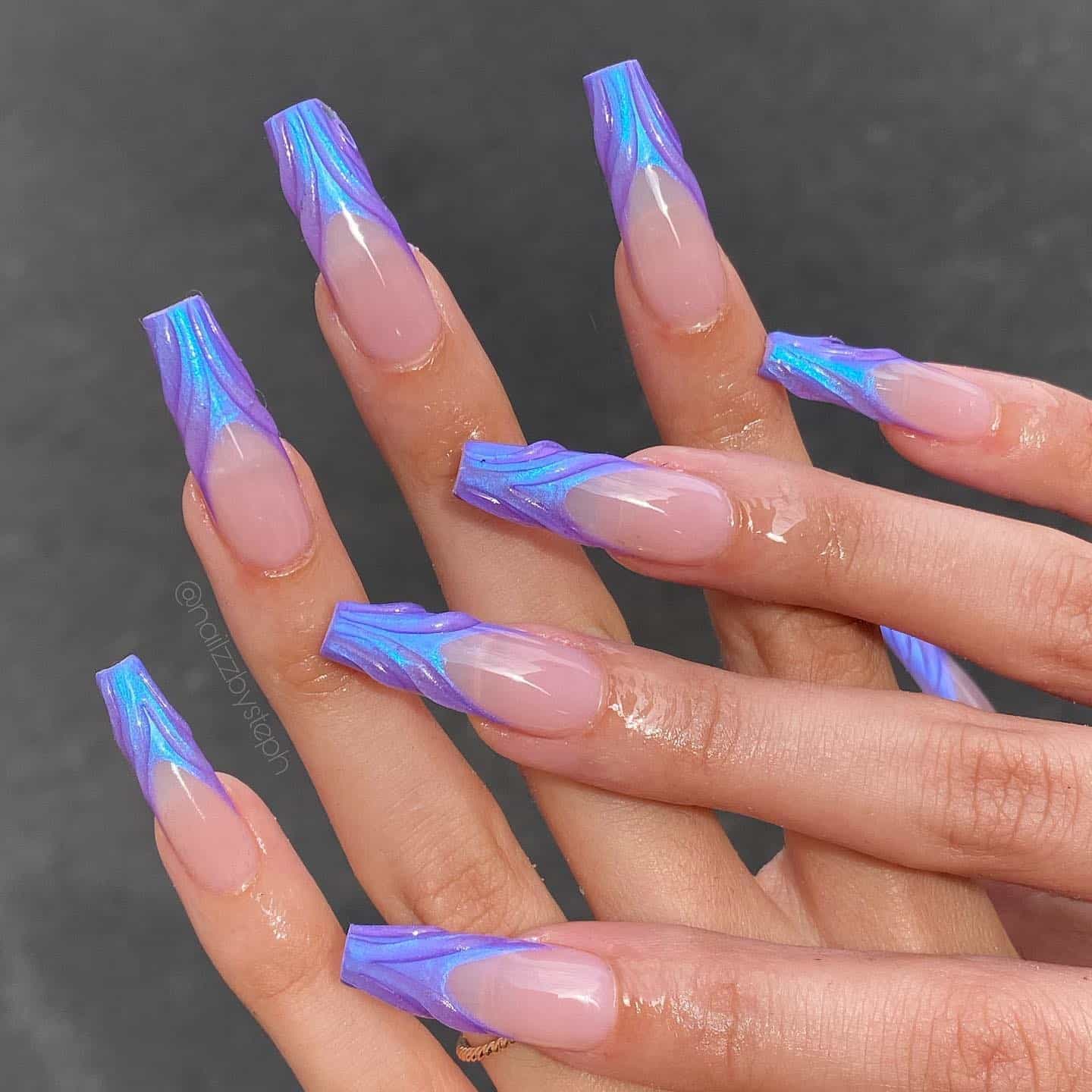 6. Iridescent Purple Swirl Coffin Nails - purple coffin nail ideas