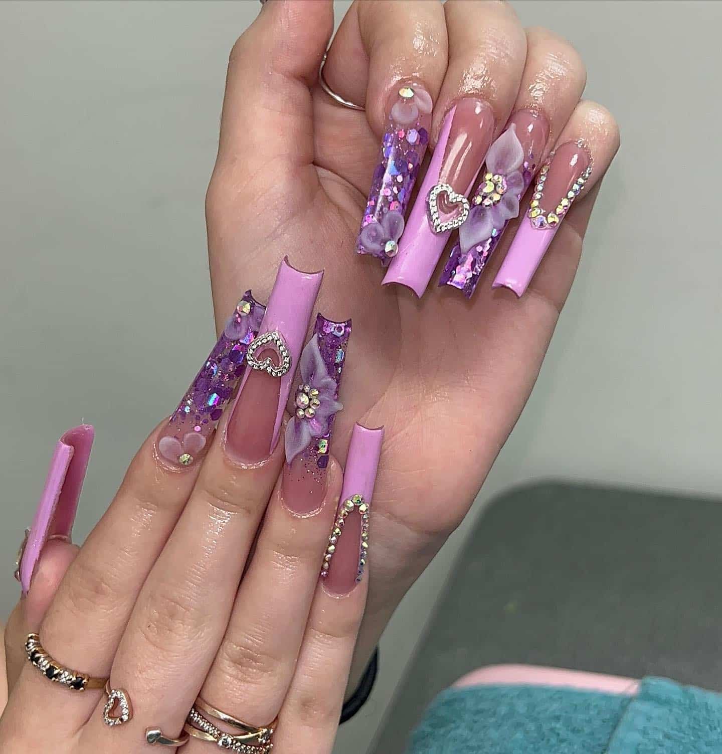 8. Lavender and Nude Color Block Coffin Nails - purple coffin nail ideas