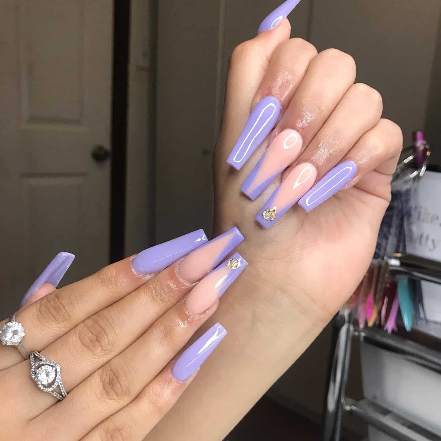 9. Purple Ombre Coffin Nails with Rhinestone Cuticle Details - purple coffin nail ideas