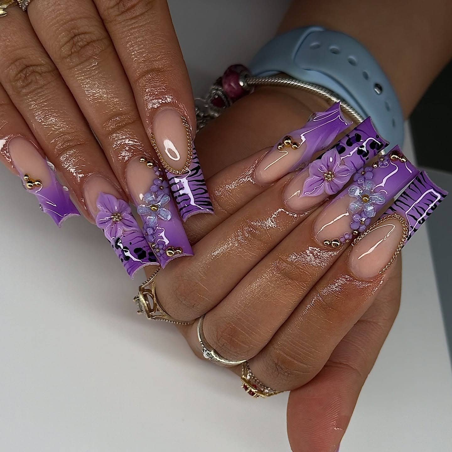 12. Lavender Sculpted Coffin Nails with 3D Floral and Zebra Art - purple coffin nail ideas