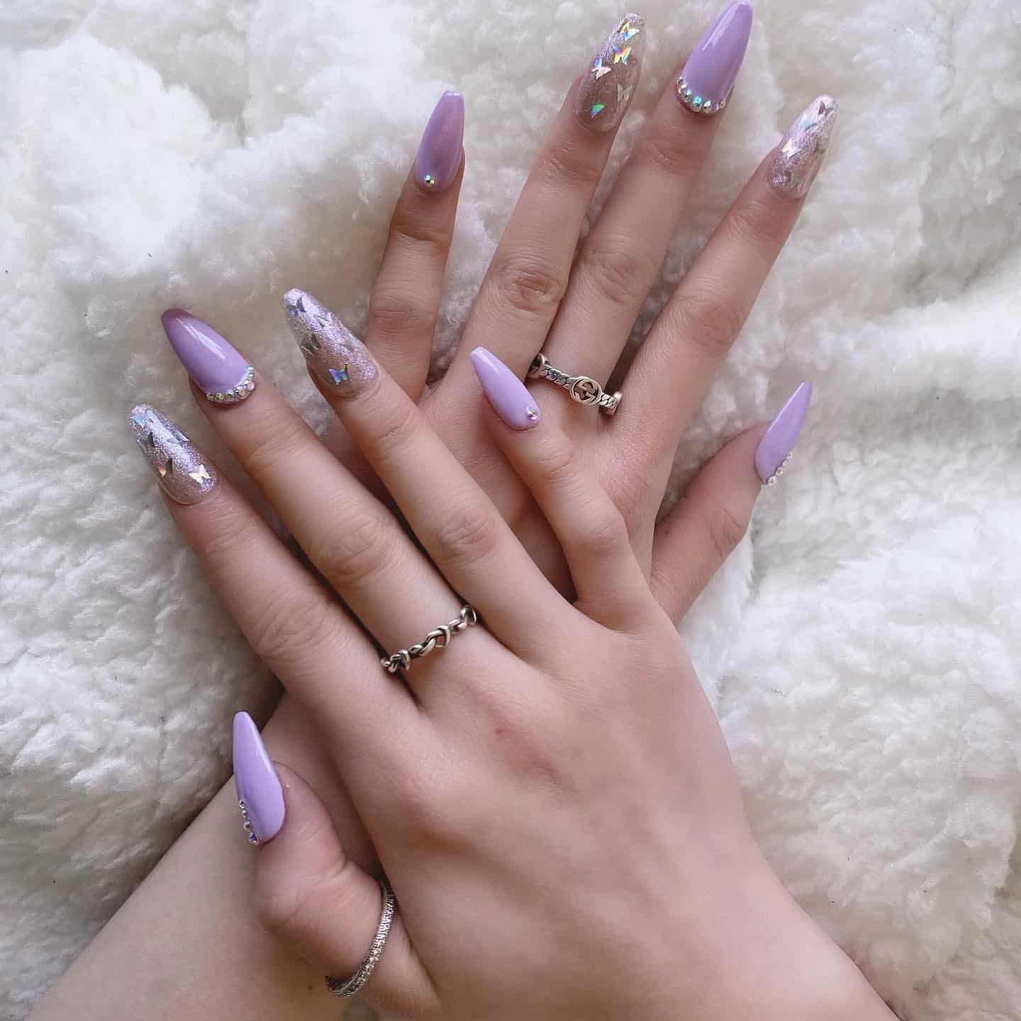 14. Lilac Almond Nails with Silver Foil and Rhinestone Accents - purple coffin nail ideas