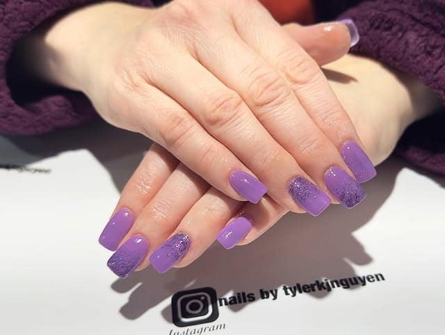 2. Soft Lavender Square Nails with Sparkle Accent - purple glitter nail ideas