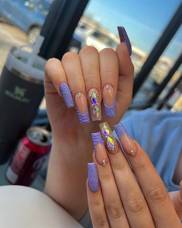 3. Long Lavender Coffin Nails with Crystal and Glitter Details - purple glitter nail ideas