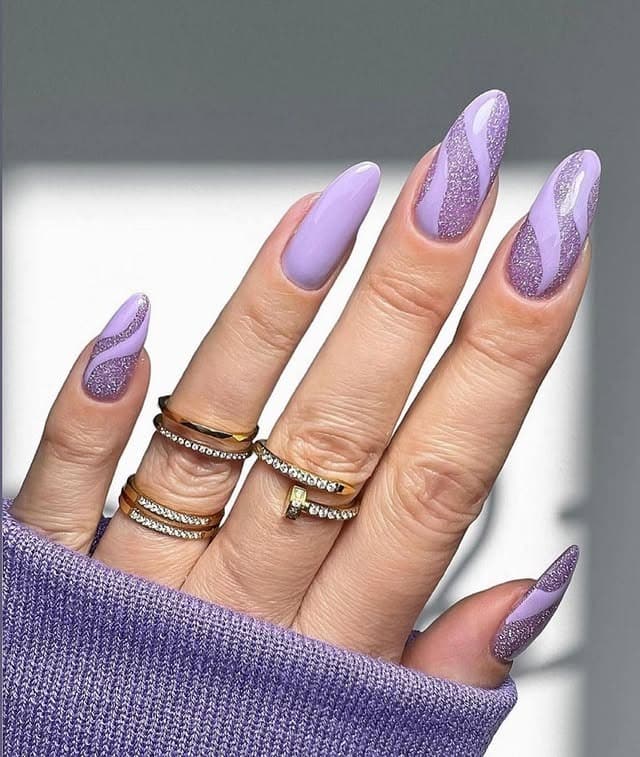 16. Lilac Almond Nails with Curved Glitter Inlay - purple glitter nail ideas