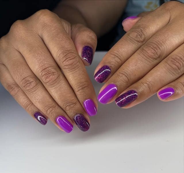 21. Vibrant Purple Short Square Nails with Glitter Accent - purple glitter nail ideas