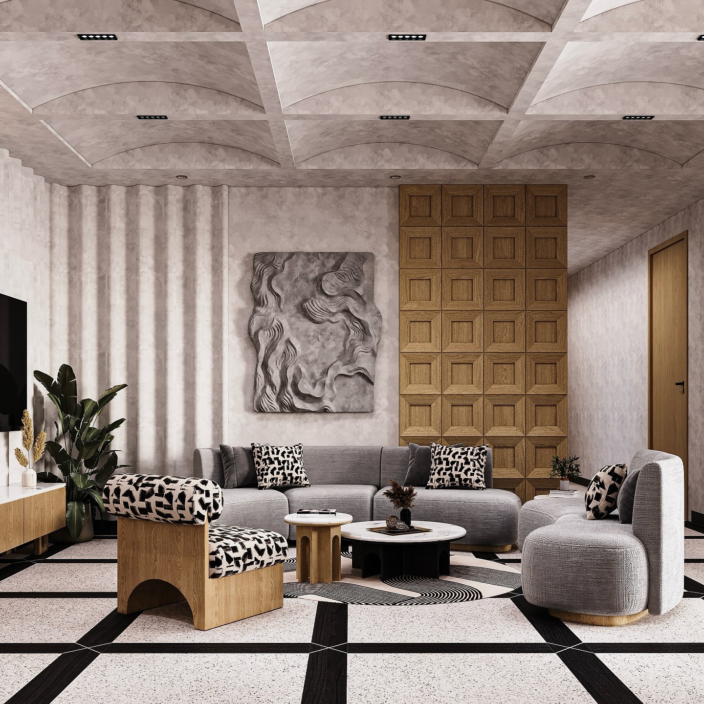 2. Textured Contemporary Living Room in Stone Gray and Natural Wood - minimalist living room ideas