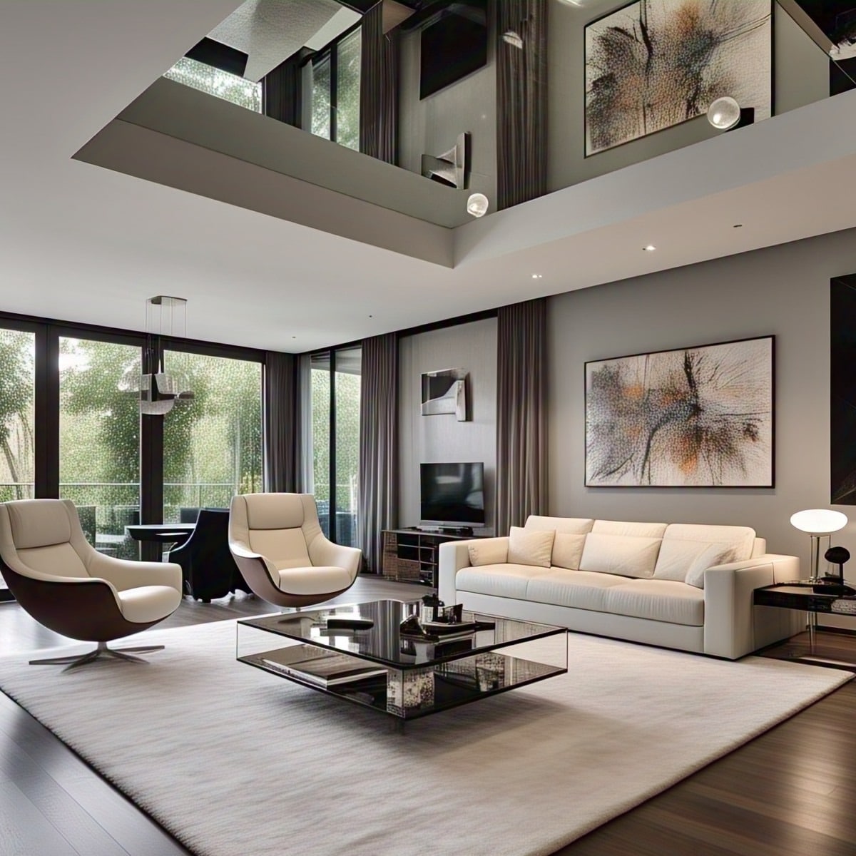 14. Contemporary Double-Height Living Room in Gray and Cream - minimalist living room ideas