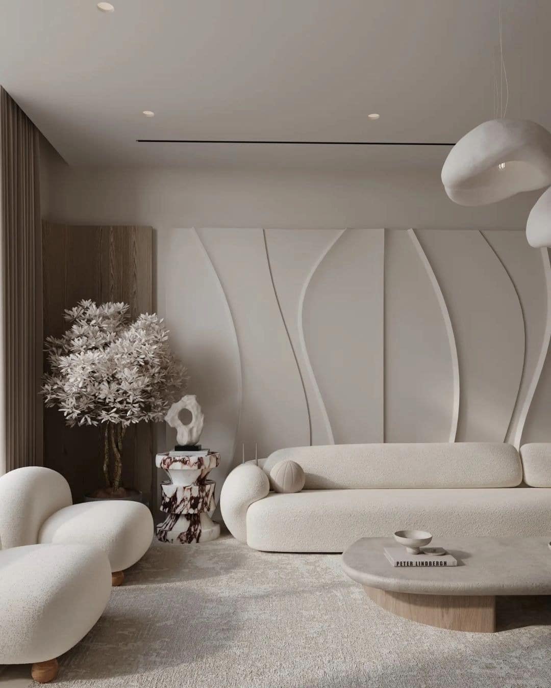 18. Artistic Minimalist Living Room in Soft Beige and Marble - minimalist living room ideas