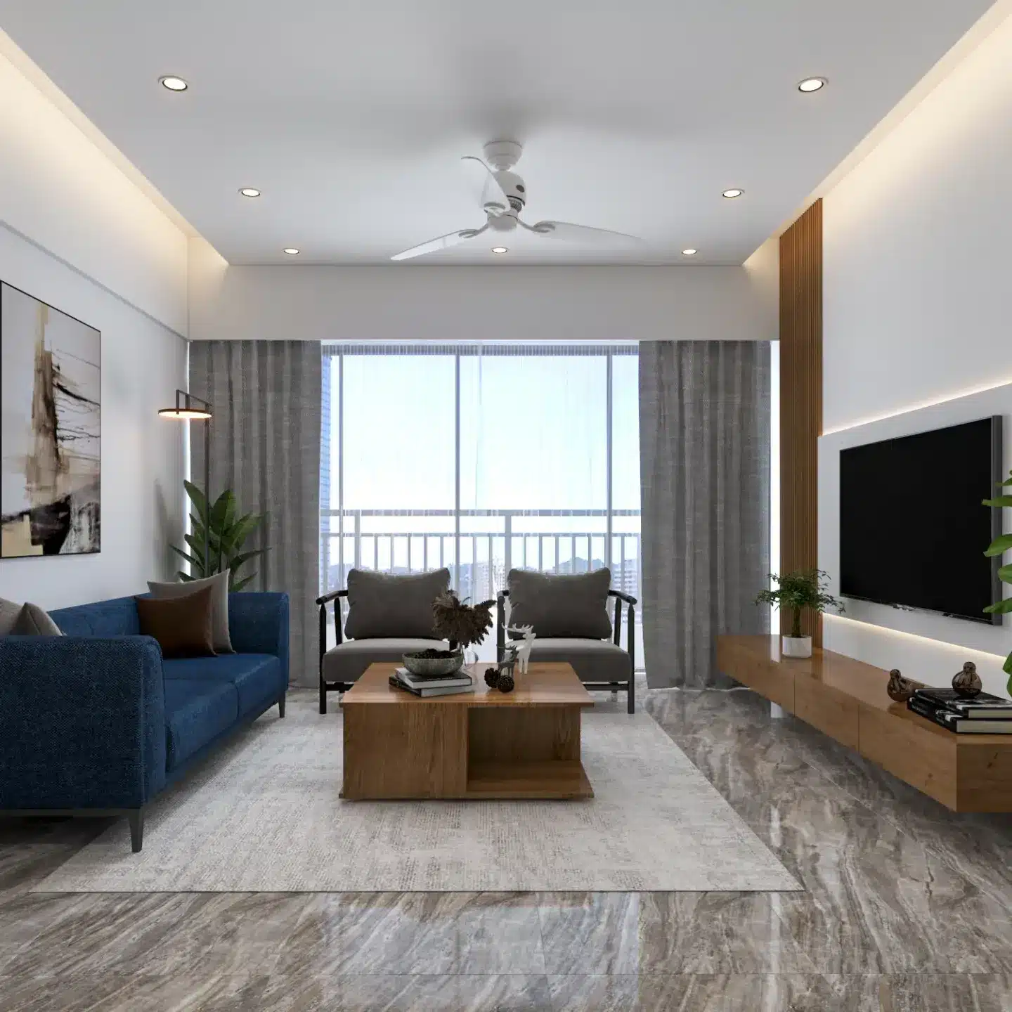 19. Modern Apartment Minimalist Living Room in Blue and Natural Wood - minimalist living room ideas