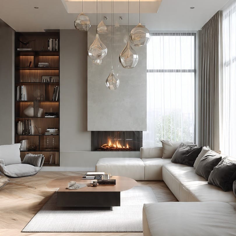20. Luxury Minimalist Living Room with Fireplace in Soft Gray and Oak - minimalist living room ideas