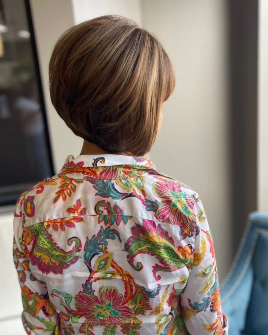 11. Chocolate Brown Stacked Bob with Caramel Highlights - Stacked Haircuts