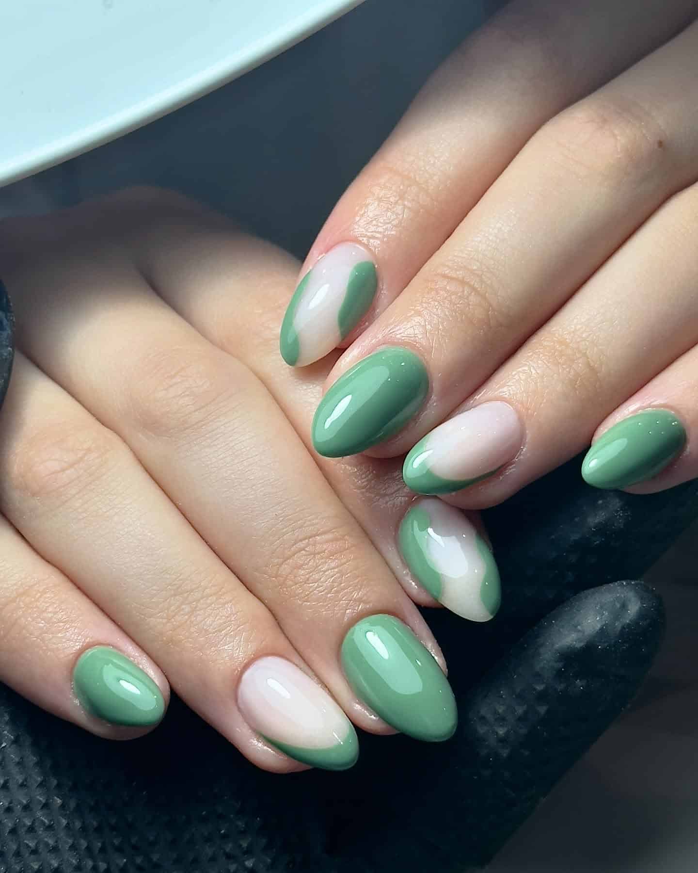 1. Glossy Sage and Milky White Almond Nails - sage nail ideas