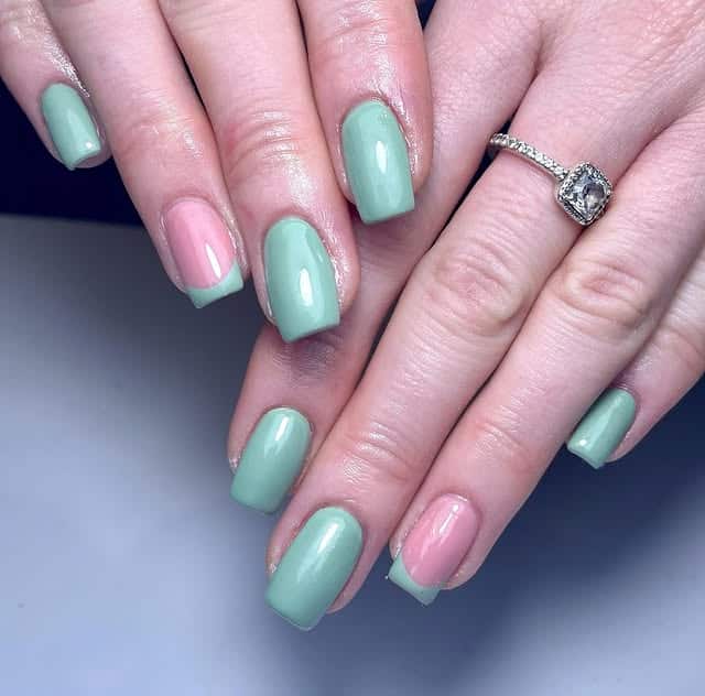 2. Sage Green Short Square Nails with Soft Pink Accent - sage nail ideas