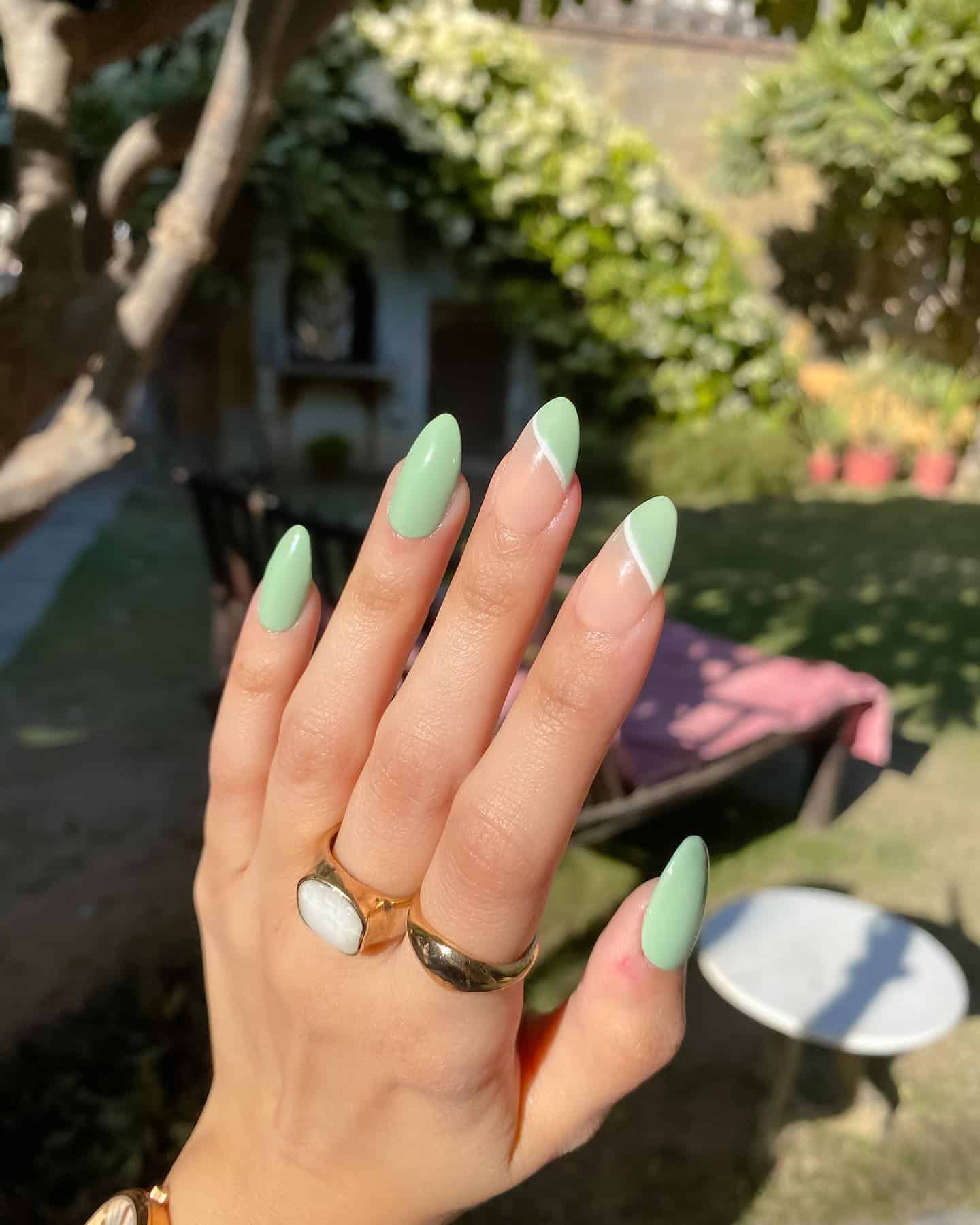 12. Soft Mint Sage Almond Nails with Modern French Accent - sage nail ideas