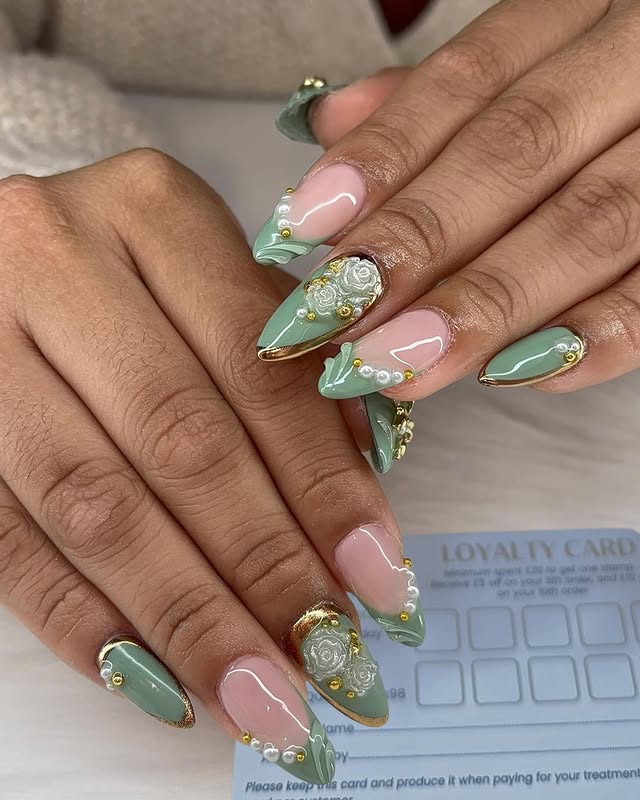 13. Sage Green Sculpted Floral Stiletto Nails with Gold Details - sage nail ideas