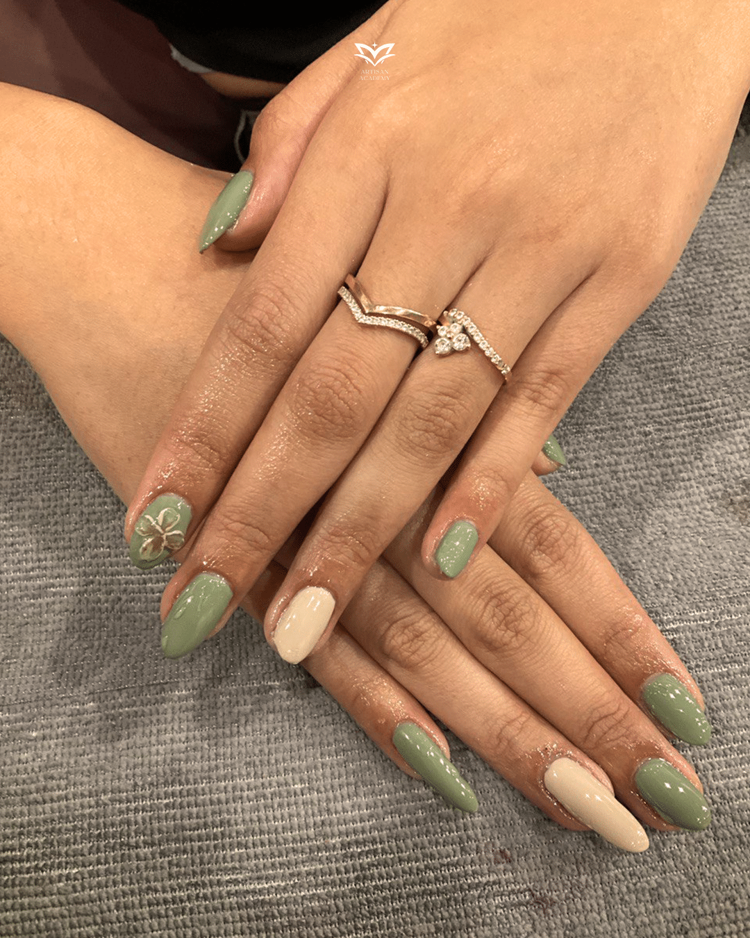 15. Classic Olive Sage Almond Nails with Cream Accent - sage nail ideas
