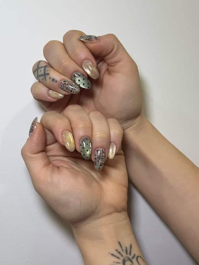 18. Sage and Gold Mixed Pattern Almond Nails - sage nail ideas