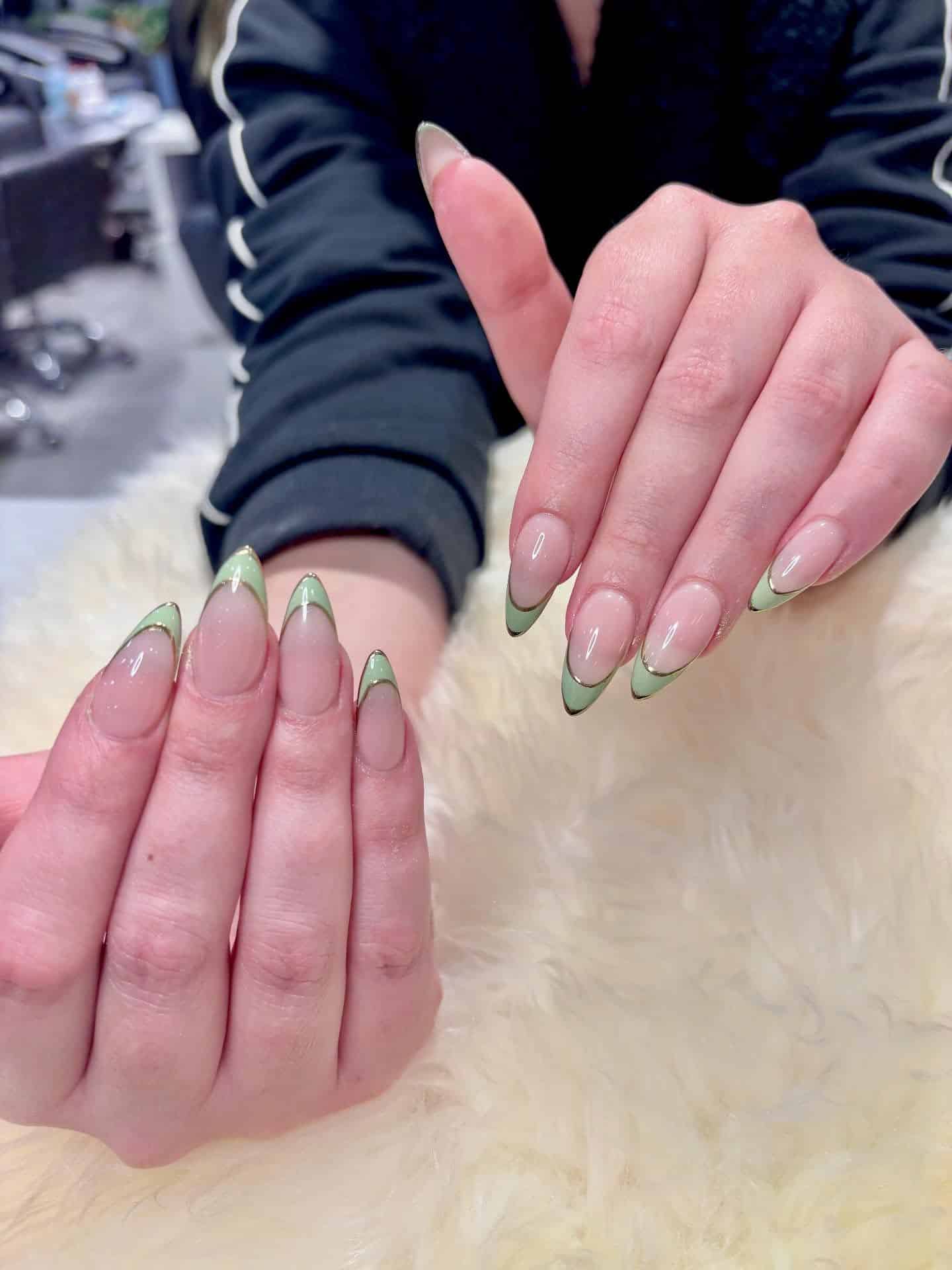 19. Sage Green Double French Almond Nails - sage nail ideas