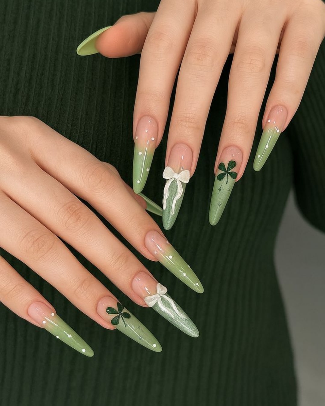 20. Gradient Sage Stiletto Nails with Bow and Clover Nail Art - sage nail ideas